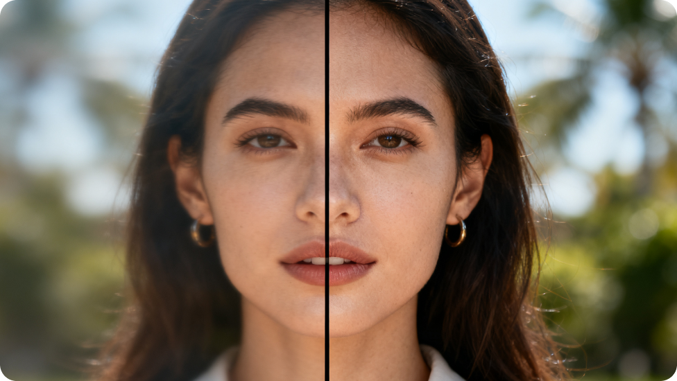 Close-up of a woman divided by a black line, with the left side showing the original close-up and the right side displaying the enhanced version.