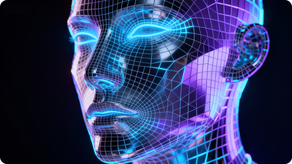 A glowing, wireframe-style robotic face with blue and purple hues, representing artificial intelligence.