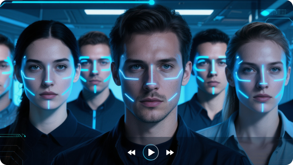 Front view of a group of people with neon blue lines contouring their faces, representing facial recognition technology.