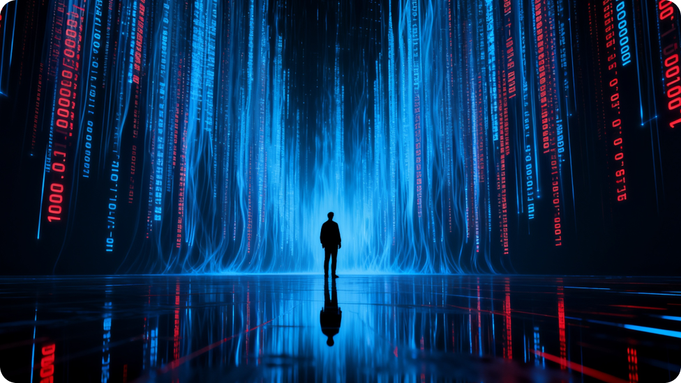 A figure standing amidst a cascade of blue and red digital data streams.