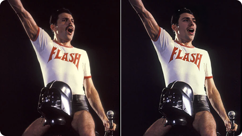 Comparison between a male singer performing on stage, wearing a ‘Flash’ T-shirt with one hand raised, and the face-swapped version.