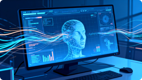 Digital illustration of a computer monitor displaying an AI human head interface with data graphs and blue neural-like waves, representing artificial intelligence and facial recognition technology.