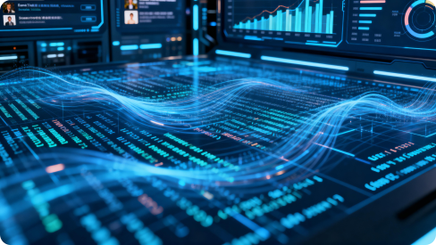 Futuristic digital dashboard with glowing blue data waves, graphs, and analytics, representing data analysis.