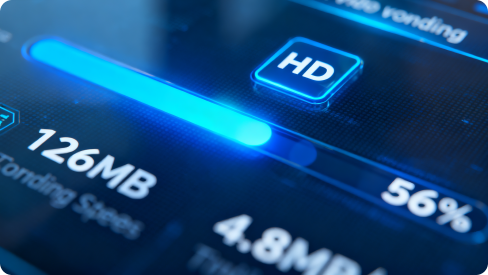Close-up of a digital progress interface with a glowing blue bar, 'HD' button, and data metrics like '126 MB' and '56%', representing download status in face swap.