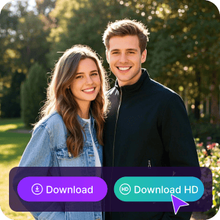 Une photo d'un couple avec un bouton violet « télécharger » et un bouton vert « télécharger HD », utilisés comme matériau dans un didacticiel d'échange de visages multiples.