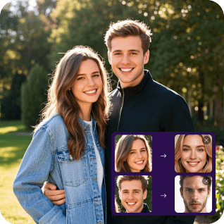 Une photo d'un couple avec un autocollant montrant le processus d'échange de visages multiples, utilisé comme matériau dans le didacticiel d'échange de visages multiples.