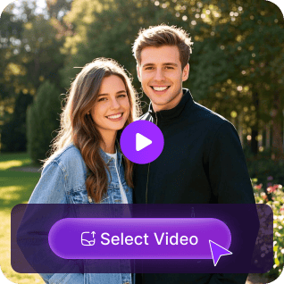 Une photo d'un couple avec un bouton de lecture violet superposé et un bouton « sélectionner une vidéo », utilisé comme matériau dans un didacticiel d'échange de visages multiples.