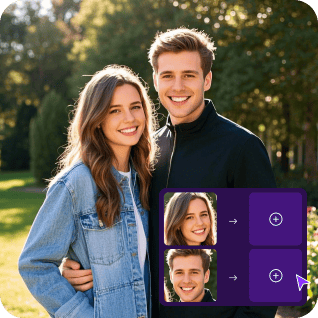 Une photo d'un couple avec un autocollant montrant le bouton d'échange de plusieurs visages, utilisé comme matériau dans le didacticiel d'échange de plusieurs visages.