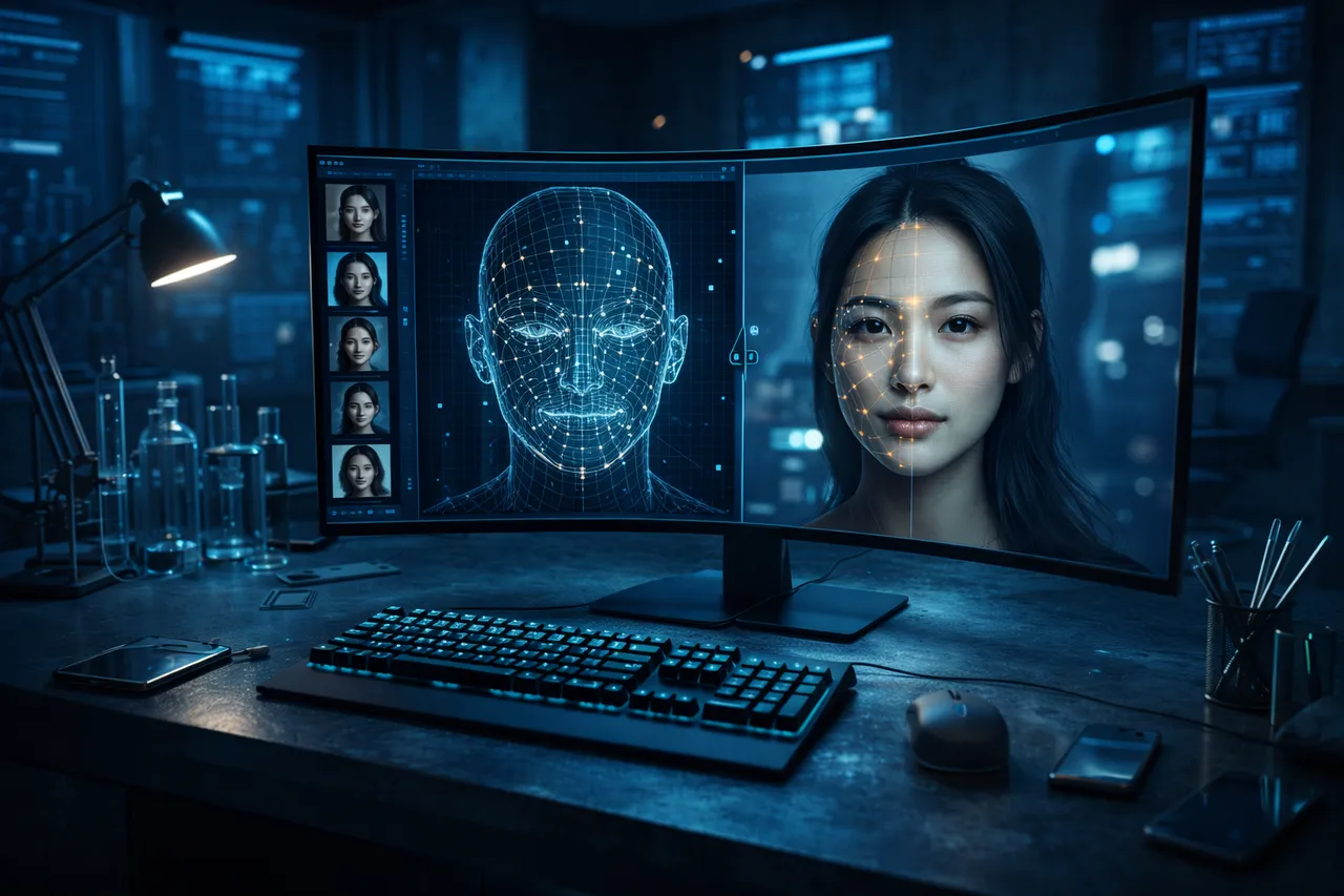 A cyberpunk-style desk setup in a dimly lit, futuristic office with neon blue accent lighting. The central focus is a large curved monitor displaying a split-screen AI face-swapping interface: left side is a wireframe 3D digital face with facial landmark points and glowing grid lines, right side is a photorealistic human female face seamlessly aligned with the wireframe. On the left sidebar of the monitor UI, there are thumbnail previews of different faces for swapping. The desk features a mechanical keyboard, a wireless mouse, a smartphone, a pen holder with metal pens, a desk lamp, and lab-style glassware. The background shows a concrete wall with digital screens. A cyberpunk-style desk setup in a dimly lit, futuristic office with neon blue accent lighting. The central focus is a large curved monitor displaying a split-screen AI face-swapping interface: left side is a wireframe 3D digital face with facial landmark points and glowing grid lines, right side is a photorealistic human female face seamlessly aligned with the wireframe. On the left sidebar of the monitor UI, there are thumbnail previews of different faces for swapping. The desk features a mechanical keyboard, a wireless mouse, a smartphone, a pen holder with metal pens, a desk lamp, and lab-style glassware. The background shows a concrete wall with digital screens.