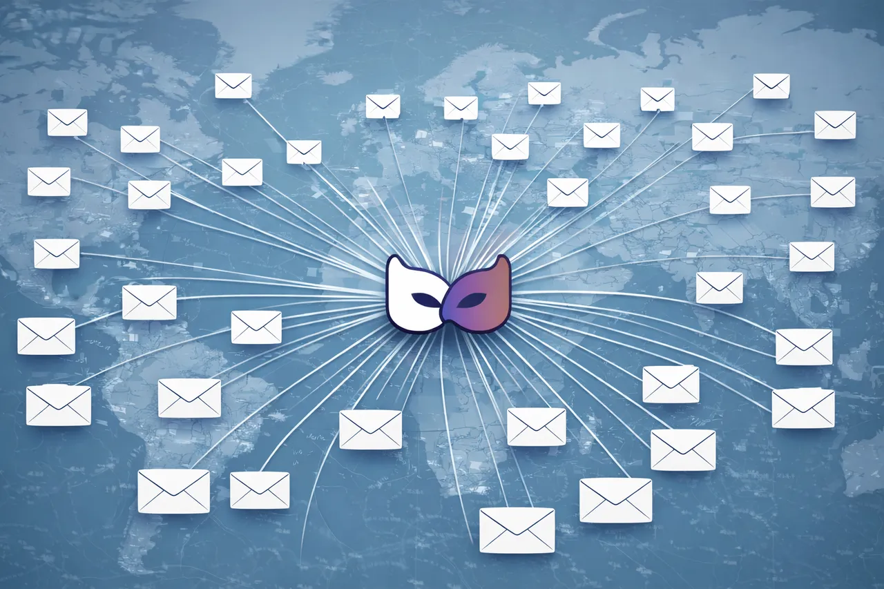 A stylized digital illustration showing the SwapFace logo at the center of a network of white email icons connected by thin lines, set against a textured, faded blue world map background.