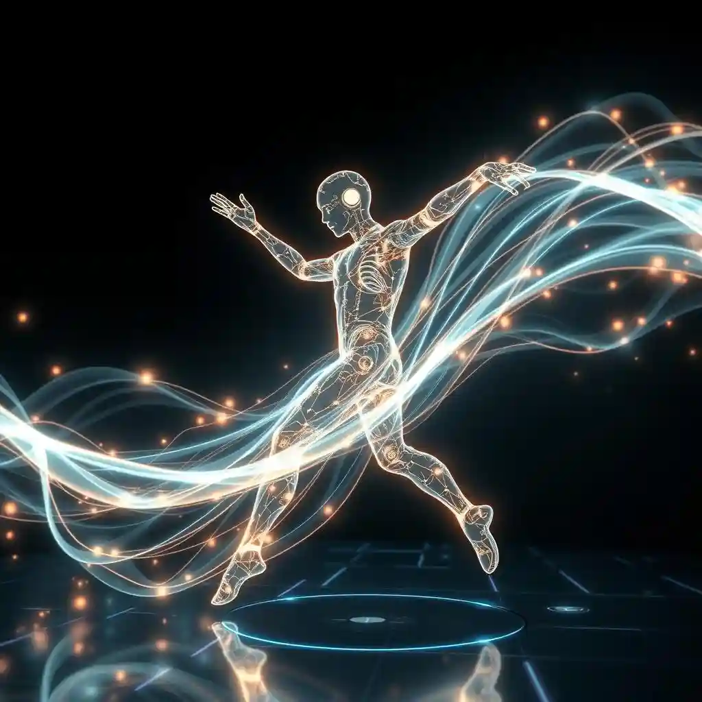 AI turn photo to dance,the glowing waves of energy symbolizing deep learning and AI processing.