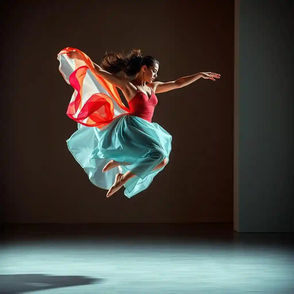 Dancers in brightly colored flowing fabric costumes leaping in mid-air.