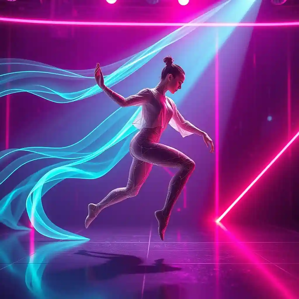 The dancer is dancing in a graceful pose, and the glowing trails around her indicate smooth transitions, reflecting AI Dance Video Maker's can generate smooth dance moves.