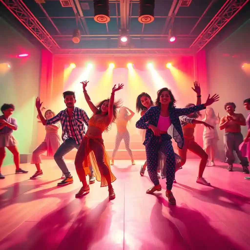 Dancers in the music video room perform exaggerated and comical dance moves, and the stage has colorful neon lights in bright pink tones.