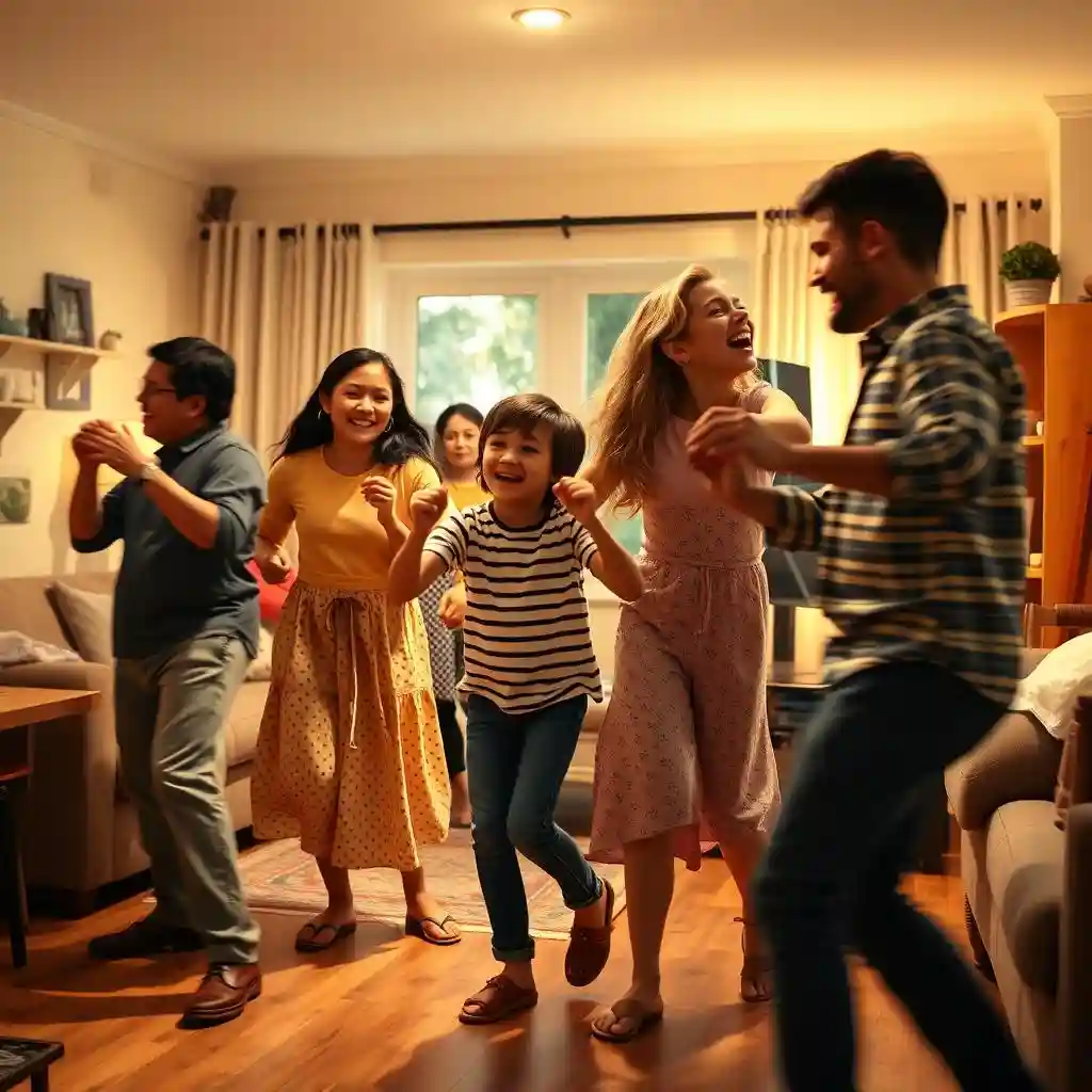 Multiple family members dance together in a cozy living room with warm lighting, reflecting the effects of AI Dance Video Maker's multiple people mode.