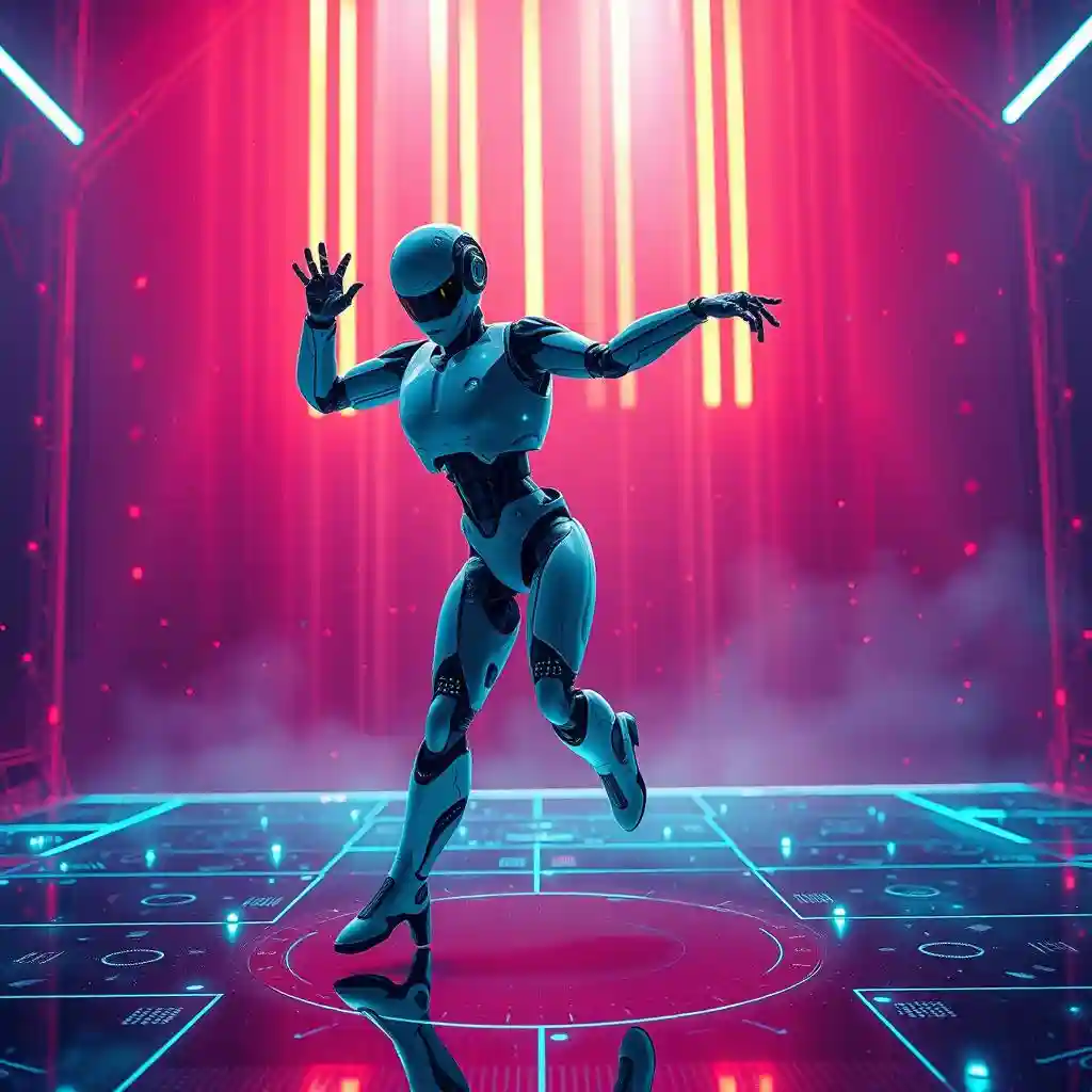 Artificially intelligent humanoid robots gracefully dance on a holographic stage with vibrant neon lights in the background.