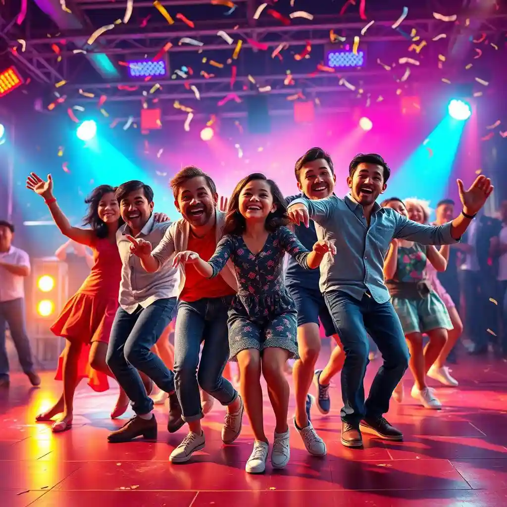 Family and friends perform synchronised dance moves on a vibrant stage with smiles, demonstrating the effects of AI Dancing Video Maker's multiple mode.