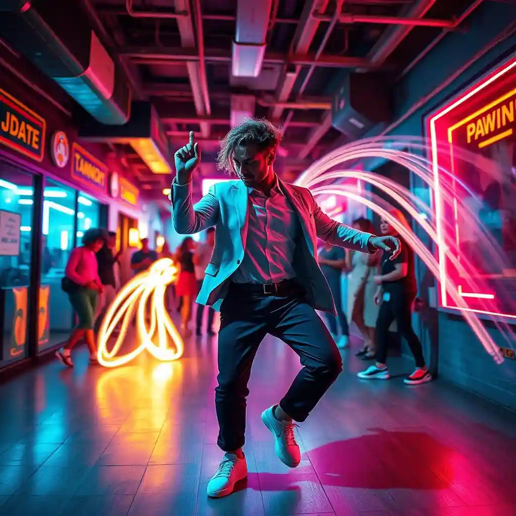 Stylish male dancers performing in an urban environment surrounded by colorful neon lights.