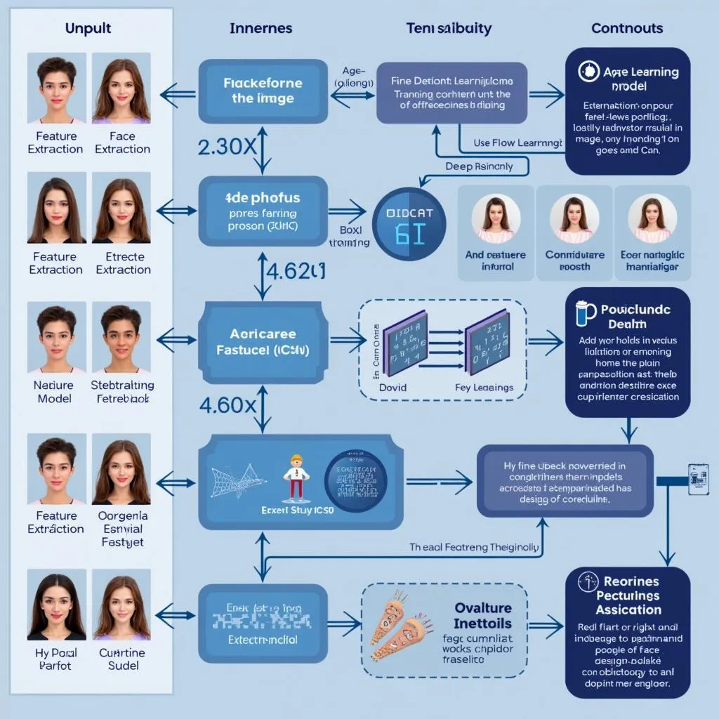 Démontre la complexité de l'ajustement de l'âge du visage IA, visualisant l'ensemble du processus, de l'extraction des caractéristiques faciales à la prédiction du changement d'âge.