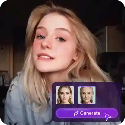 Selfie di una ragazza bionda con un adesivo che mostra il processo di modifica dell'età del viso, utilizzato come materiale nel tutorial sul cambio dell'età del viso.