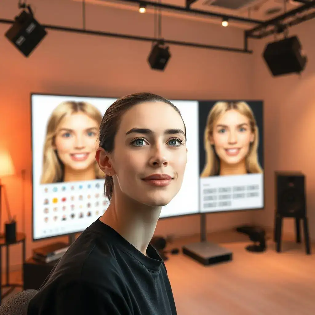 The woman in the black dress is sitting in front of a computer screen, and the computer showing the interface of AI Facial Expression Changer.