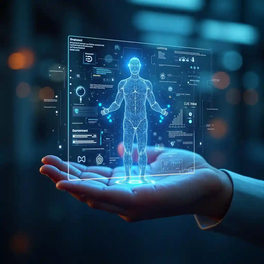 Illuminated holographic interface demonstrating an AI enhancement program, embodying AI Head Swap Online enhancement process.