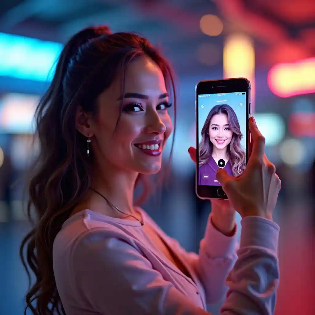 Gadis menggunakan smartphone -nya untuk mengambil selfie dan memadukan wajah dengan mulus dengan selebriti.