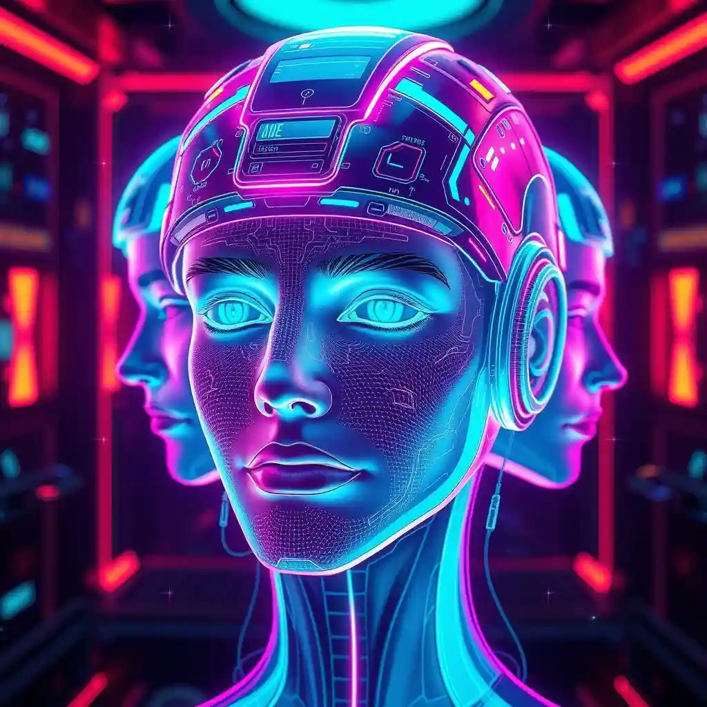 Facce di intelligenza artificiale con luce viola e blu, con due facce laterali e un vibrante design futuristico che incarna la testa di intelligenza artificiale online con contenuti senza restrizioni.