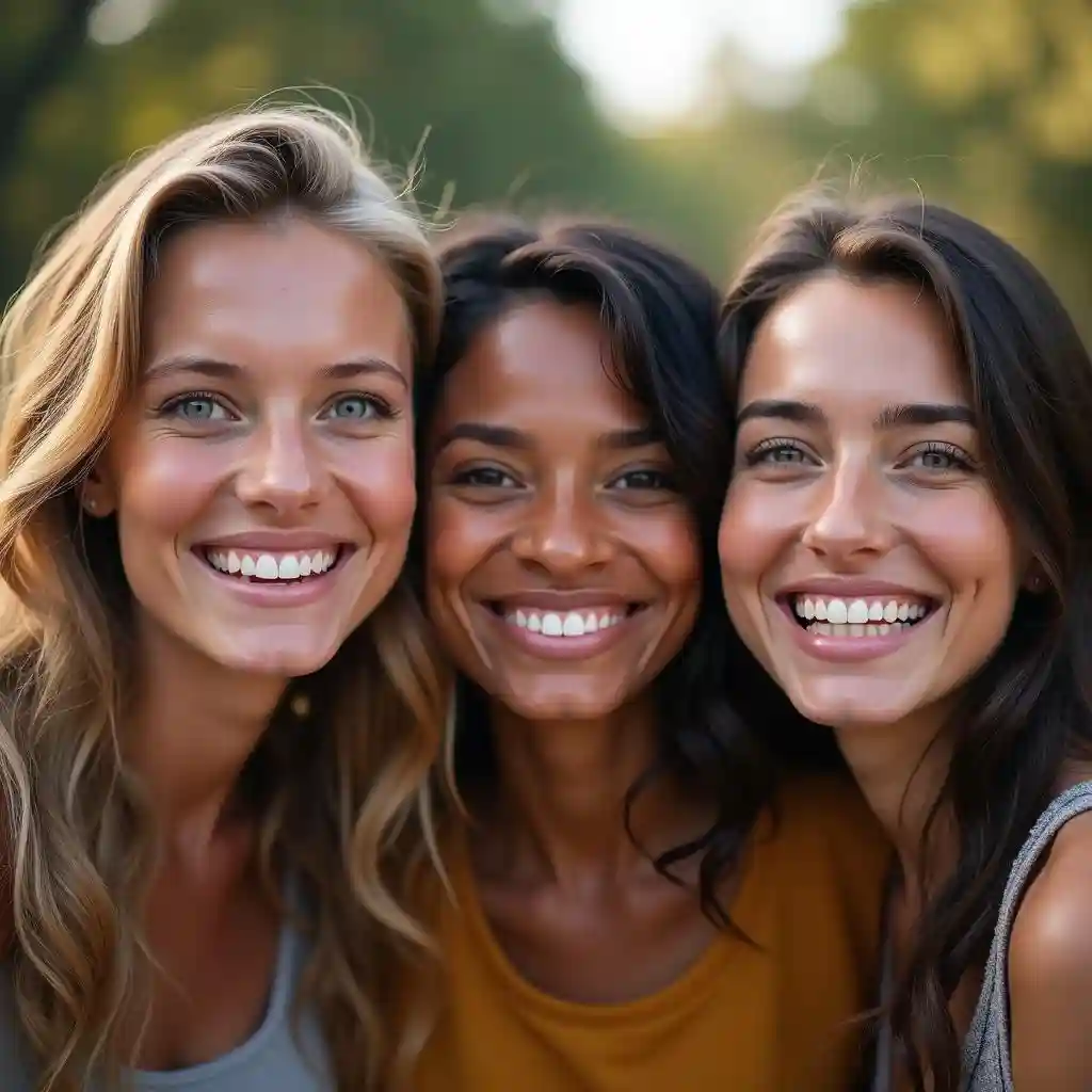 Tre ragazze con sorrisi in una foto di gruppo.