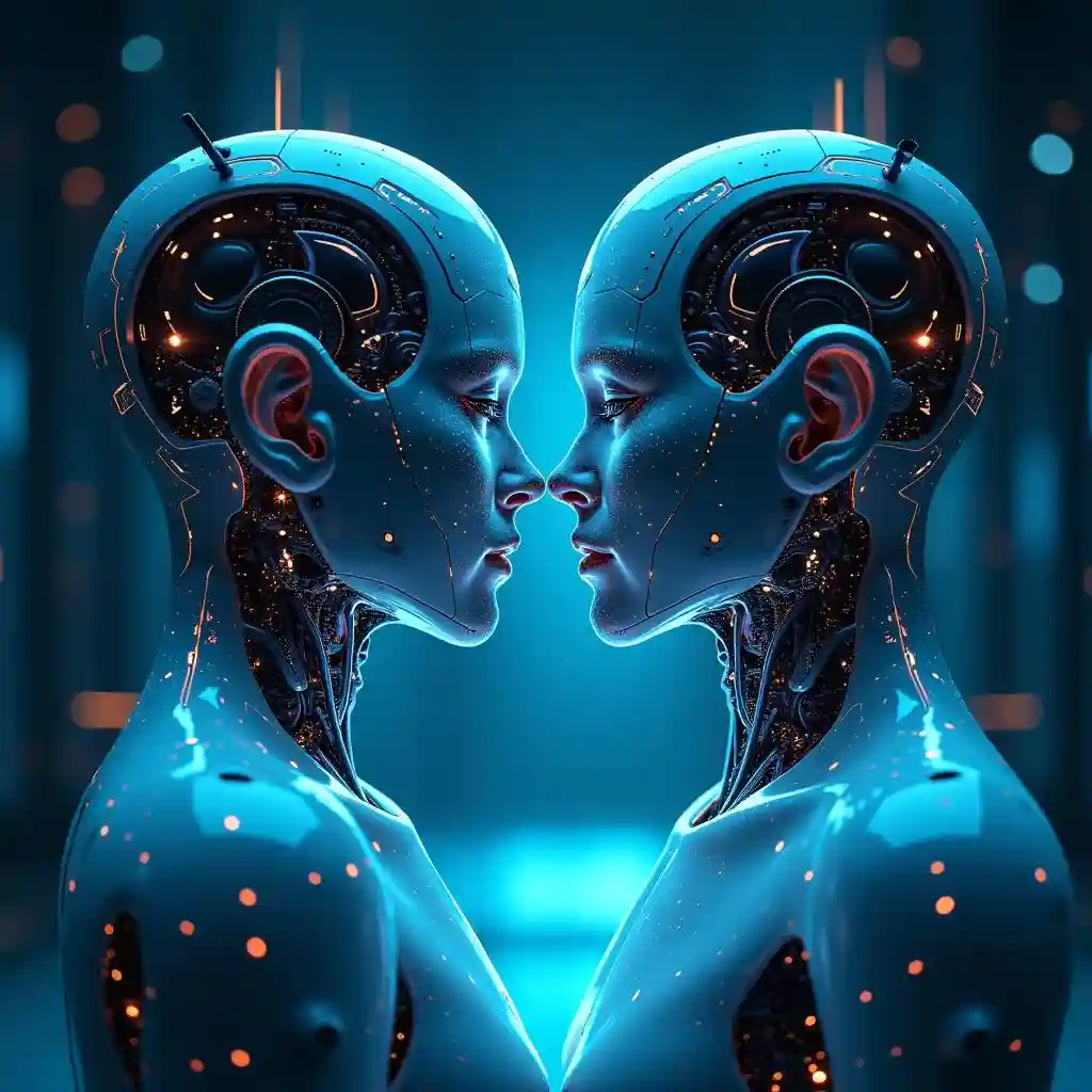 The two robots face each other, demonstrating that AI Head Swap Online ready to switch heads using head-swapping technology.