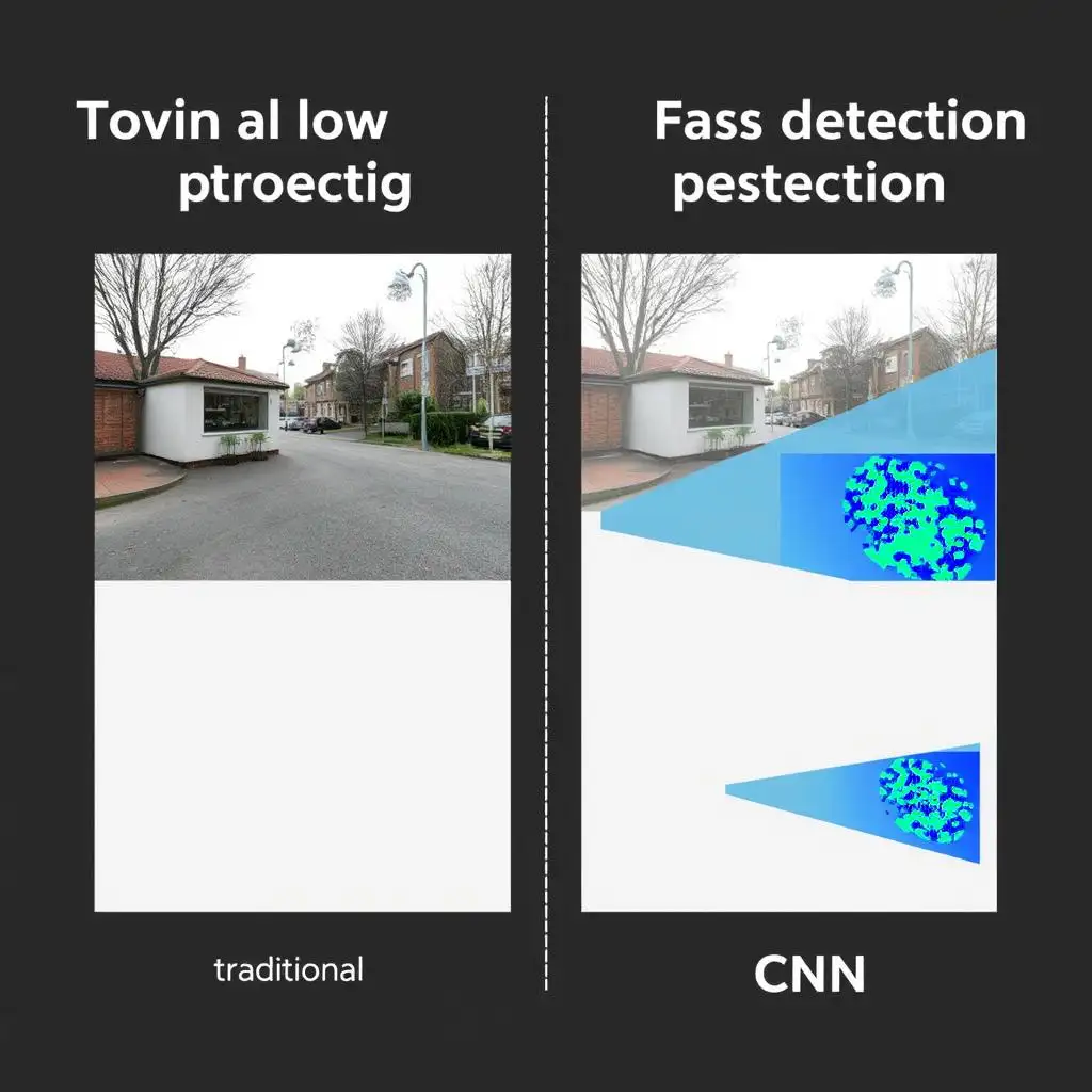 Ett jämförelsediagram, vänster sida är traditionell bild med låg hastighet bearbetning, höger sida är den snabba AI-genererade bilddetektorprocessen baserad på CNN: er.