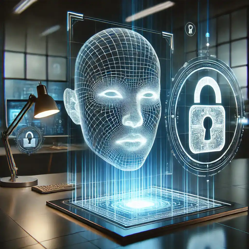 Encrypted facial data, including 3D facial scans and digital padlocks, symbolize data privacy.