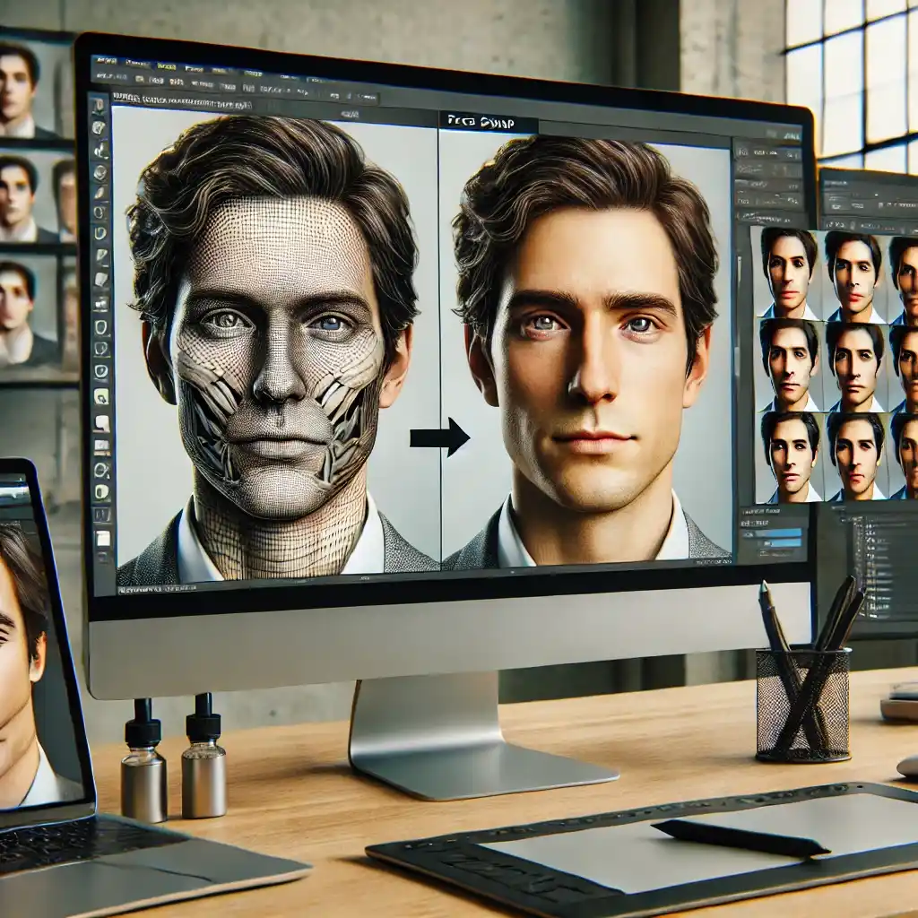 On-screen display of the face swap process with improved facial expressions to show natural muscles and realistic appearance.