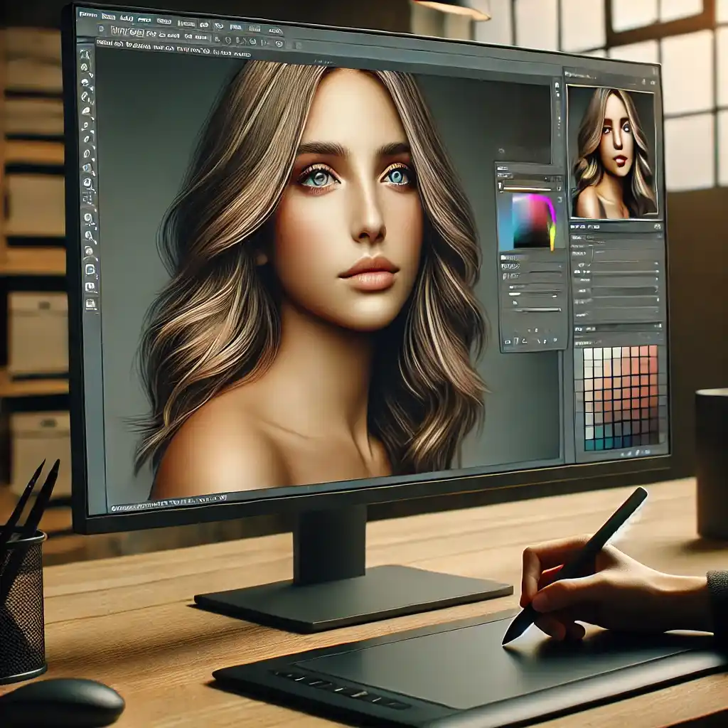 The high-resolution screen in the digital editing workspace displays the natural skin texture of the face swap image.