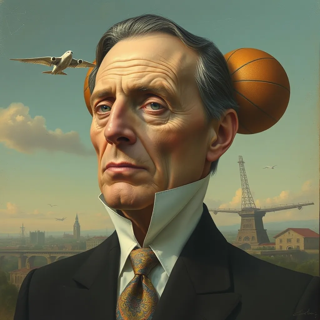 AI art generator from text generates surrealistic style of man with head on basketball