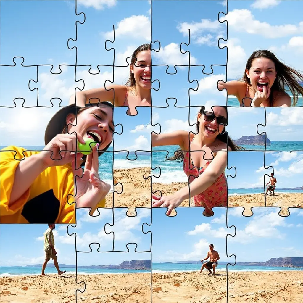 L'effetto puzzle immagine di AI al video puzzle animate mostra la ragazza che gioca in spiaggia.