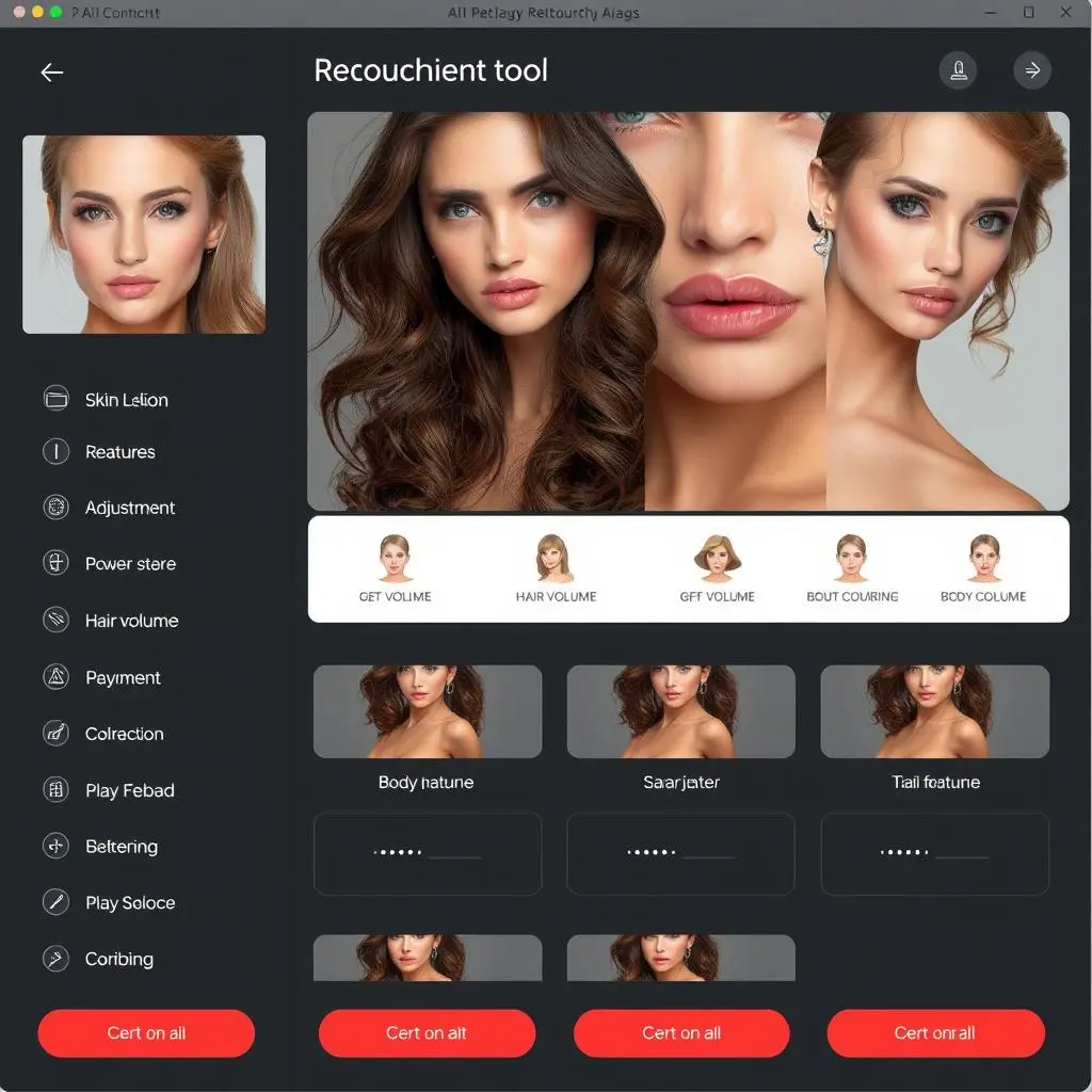 All-in-one AI Foto Retouching Tool menunjukkan berbagai opsi retouching, seperti retouching kulit, fitur penyesuaian, volume rambut dan banyak lagi.