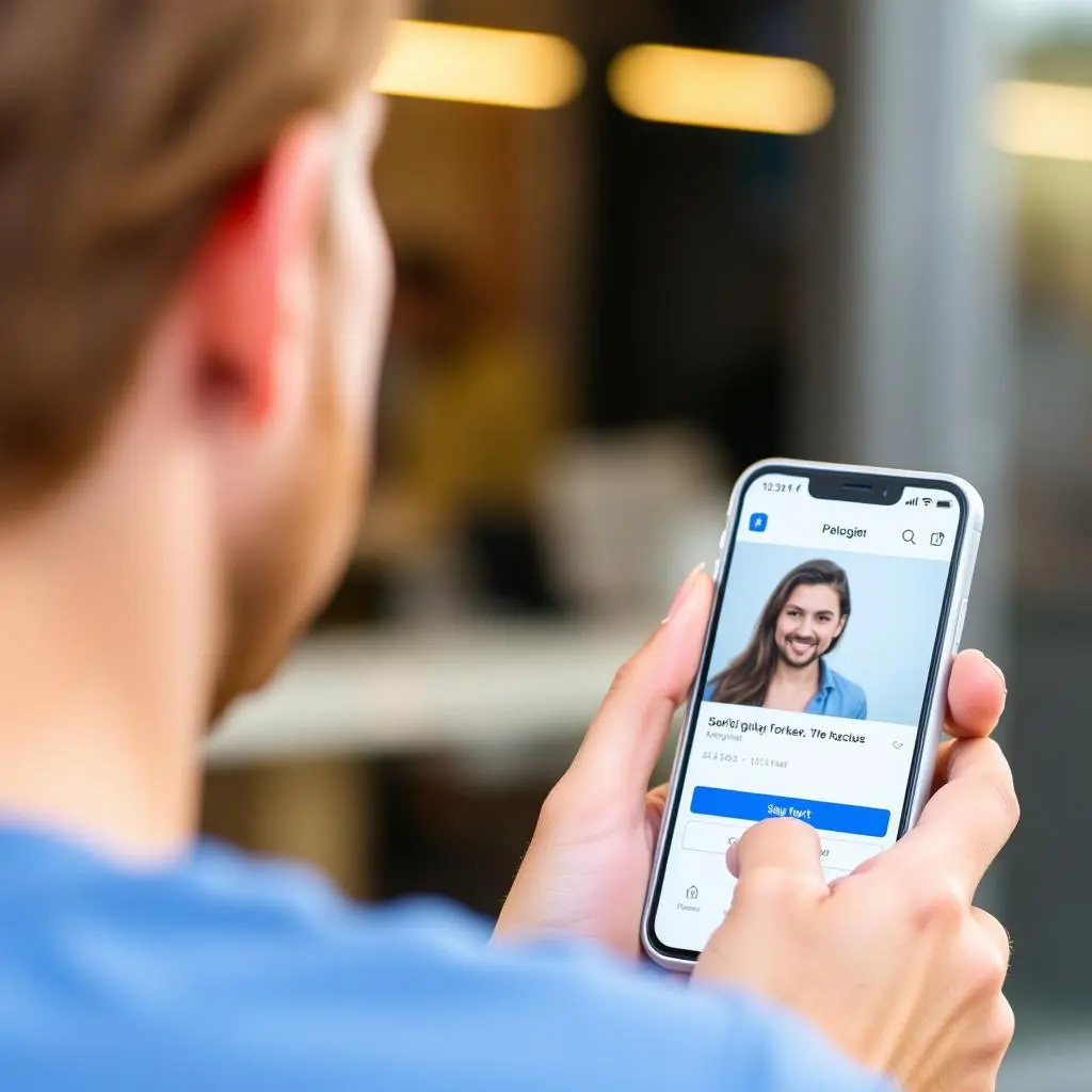 O homem da camisa azul está vendo uma foto de perfil em uma plataforma de busca de emprego.