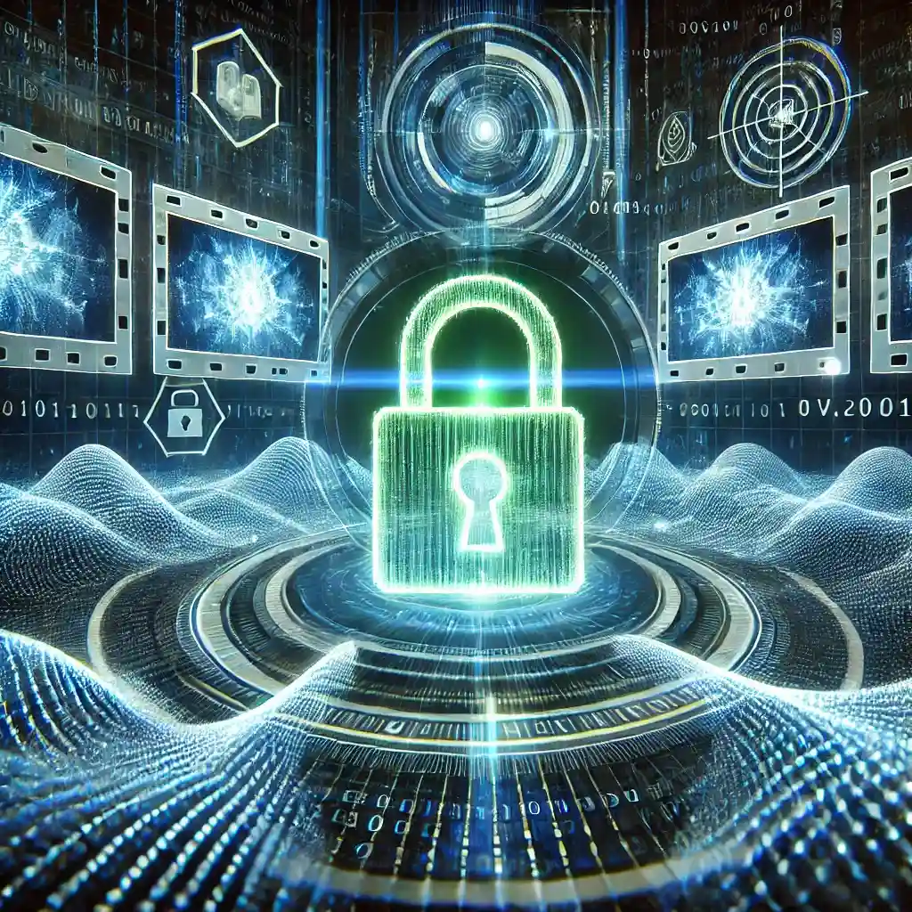 In the center is a glowing padlock symbol surrounded by a digital wave and binary code pattern, symbolizing secure data transmission.