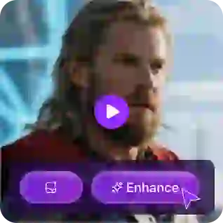 En bild på Thor med en lila uppspelningsknapp och ett klistermärke som visar