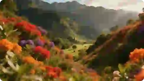Förbättrad bild av en hisnande utsikt över en dal fylld med levande blommande blommor, omgiven av berg i bakgrunden under mjukt solljus.