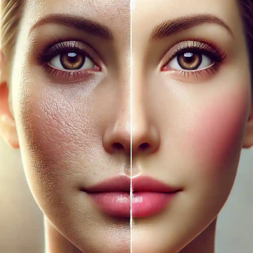 The left side shows real textures such as pores and wrinkles, while the right side shows a smooth face.