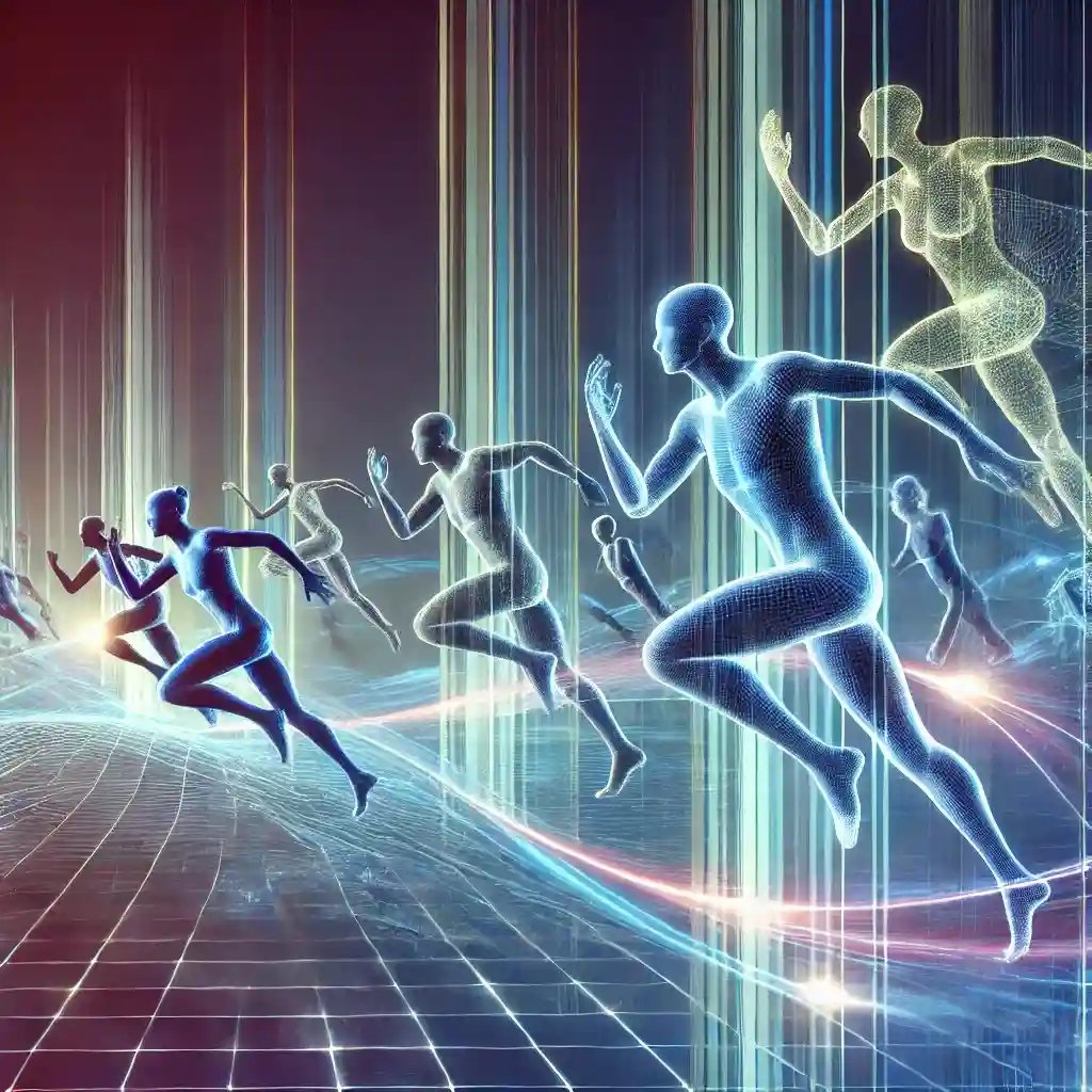 Running characters are mixed in with glowing tracks which symbolize smooth progression and higher frame rates.