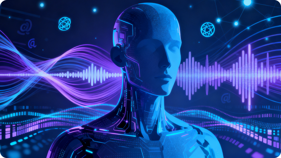 人工智慧機器人,背景有聲波。