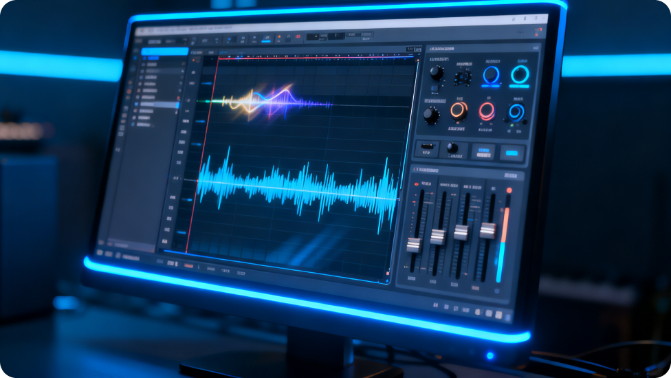 電腦螢幕上顯示音訊編輯軟體以及聲波影像。
