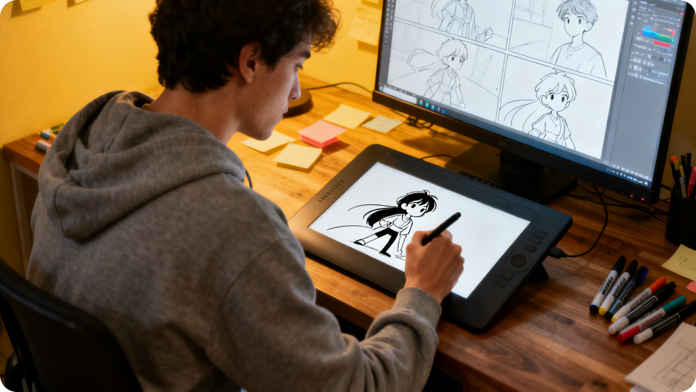 使用數位繪圖板創作漫畫的人。