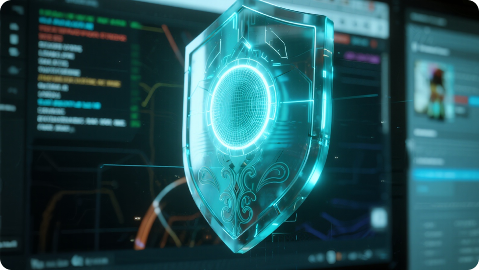 電腦螢幕前方有發光中心的數位護罩。