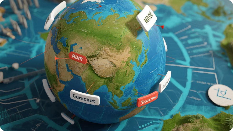 地球儀置於類似戰略遊戲的背景上。