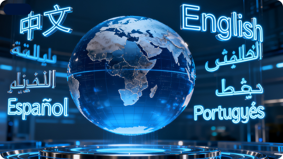 地球儀周圍環繞著多種語言,展示語音切換器對多種語言的支援。