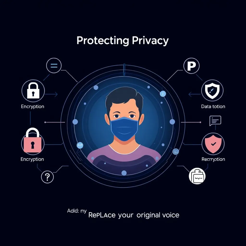 A man wearing a mask surrounded by a sound processing system,showing voice encryption technology can protect user privacy.